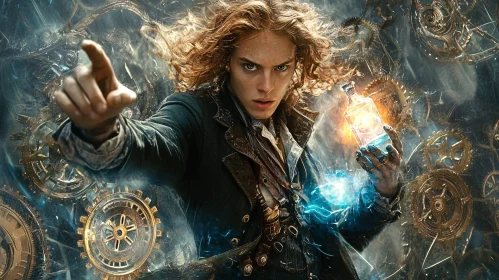 Man with Potion and Gears Illustration