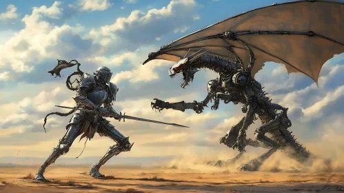 Steampunk Dragon Confrontation with Armored Knight