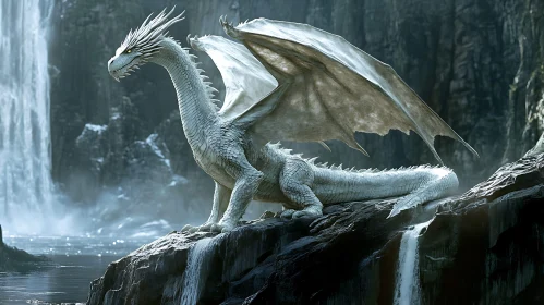 Fantasy Dragon Near Waterfall