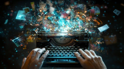 Ethereal Typewriter Scene with Floating Documents