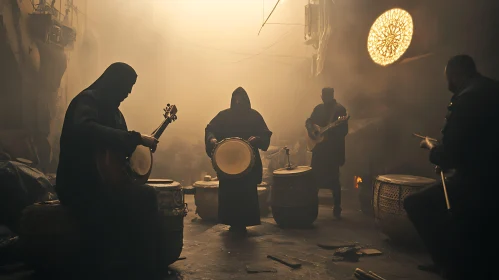 Band of Musicians in Smoky Setting