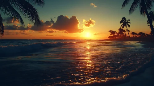 Tranquil Ocean Sunset with Palm Silhouettes