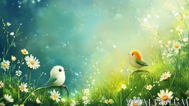 Pastel Birds and Daisies AI Image