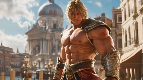 Muscular Warrior Portrait with City Background