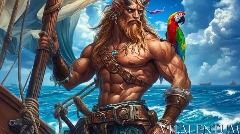 AI ART Horned Warrior and Parrot on Ship