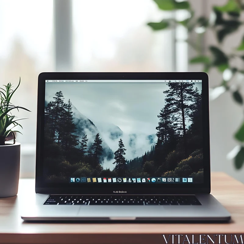 Laptop Displaying Nature Scene at Workspace AI Image