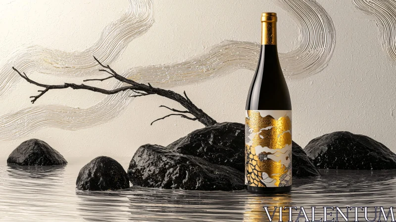 Wine Bottle with Artistic Golden Label AI Image