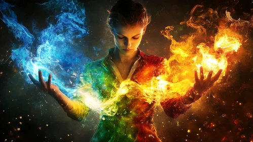 Balance of Elements: Woman Conjuring Fire and Ice