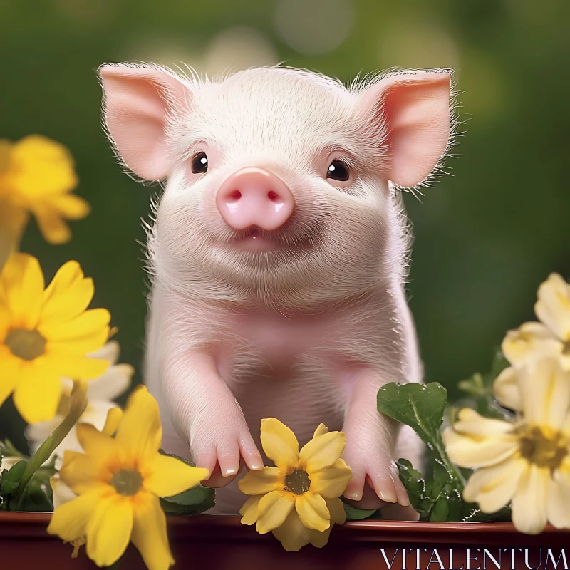 AI ART Charming Young Piglet and Yellow Blossoms