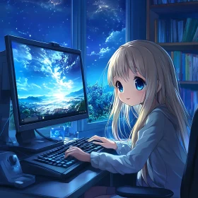 Anime Girl at Night by Computer
