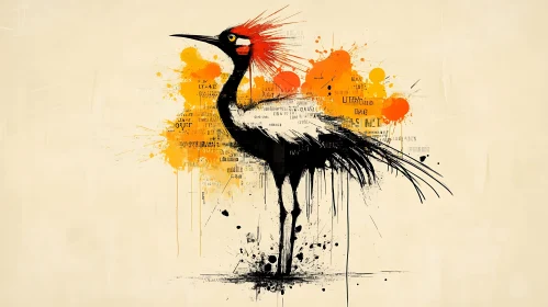 Abstract Crane Illustration with Ink Splatters