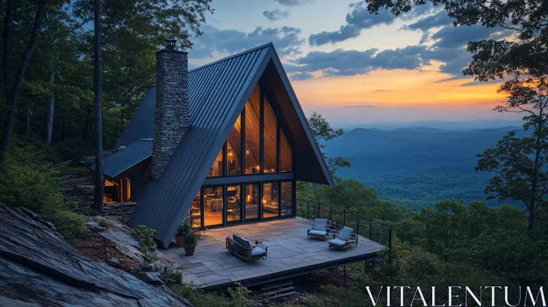 Mountain A-Frame House at Dusk AI Image