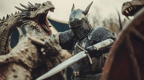 Armored Knight Confronts Roaring Dragon