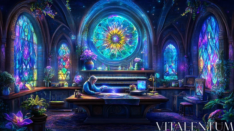 AI ART Mystical Room With Stained Glass Windows