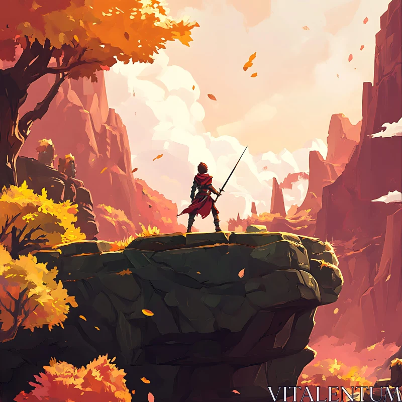 AI ART Cliffside Warrior: A Fantasy Autumn Scene