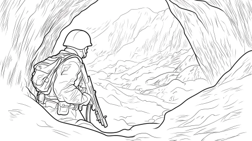 Cave Guard: Soldier in Mountain Landscape