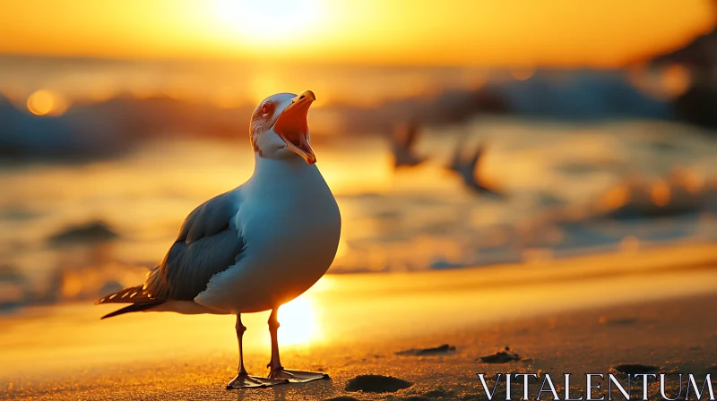 Golden Hour Seagull Beach Scene AI Image