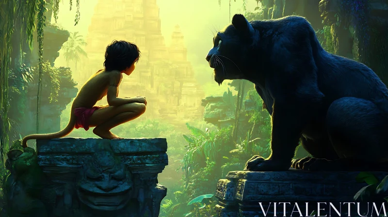 Boy and Panther in Ancient Ruins AI Image