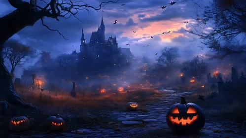 Eerie Halloween Castle with Glowing Pumpkins