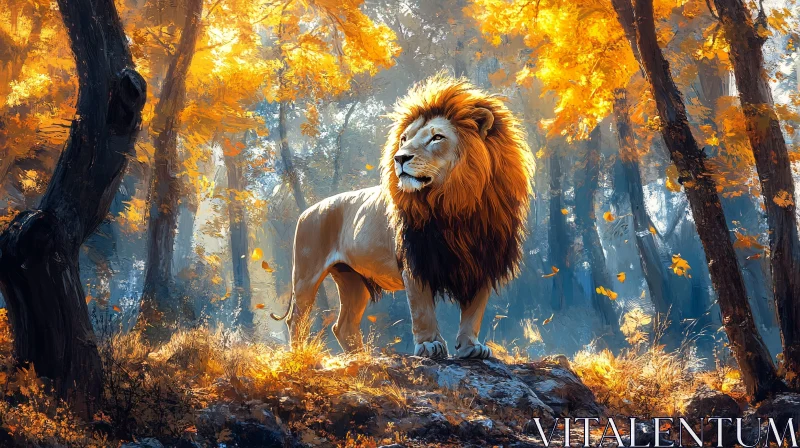 AI ART Lion Amidst Amber Leaves