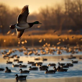 Waterfowl Flying Over Lake at Sunset