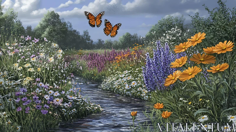 AI ART Spring Meadow with a Flowing Creek and Butterflies