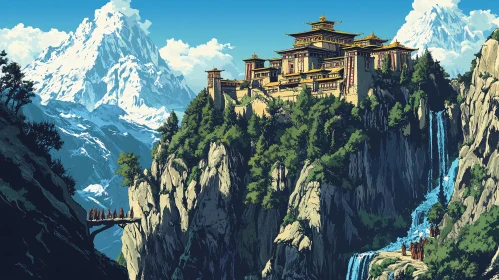 Scenic Mountain Palace with Waterfalls