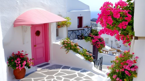 Santorini Street with Pink Flowers and Door