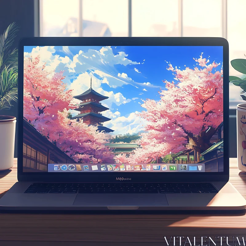 AI ART Cozy Workspace with Anime-Themed Laptop Wallpaper