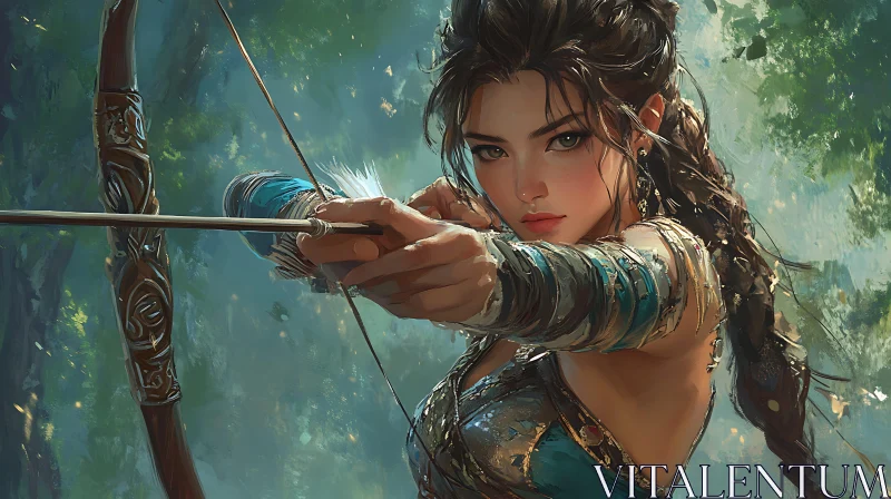 Female Archer in Forest Scene AI Image