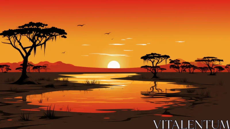 African Sunset Over Savannah - Illustrated Art AI Image
