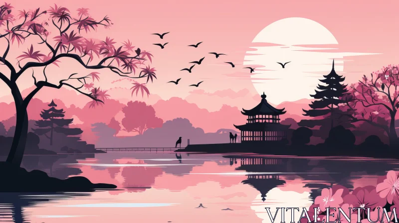 Asian-Style Lake Landscape at Sunset with Vivid Birdlife AI Image