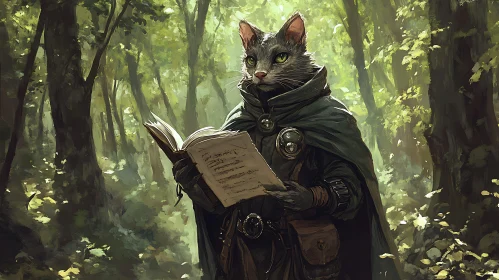 Cat Reading Book in Forest