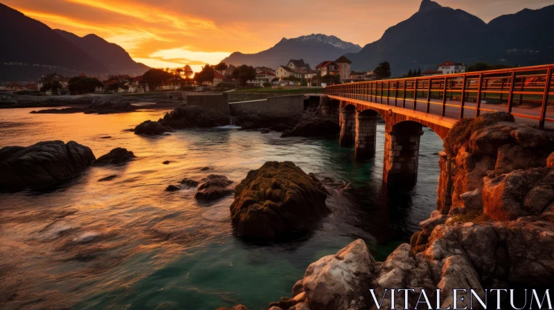 Bridge over Water at Sunset with Distant Mountains AI Image