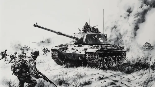 Monochrome War Scene with Tank and Soldiers