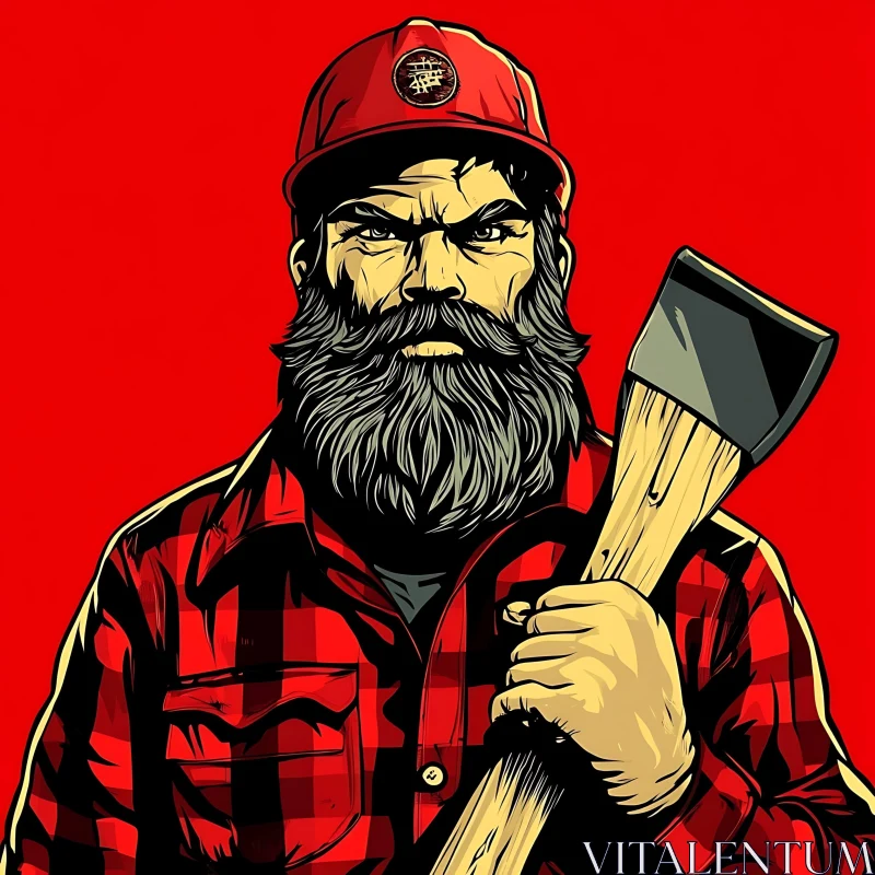 Bearded Man with Axe in Red Plaid AI Image