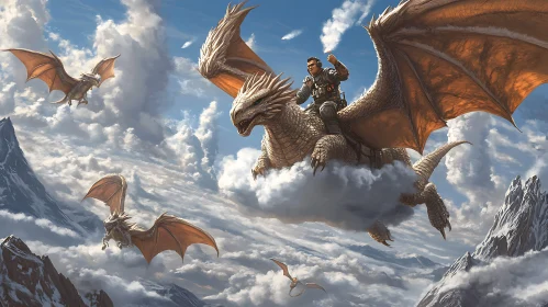 Man Riding Dragon in Fantasy Landscape