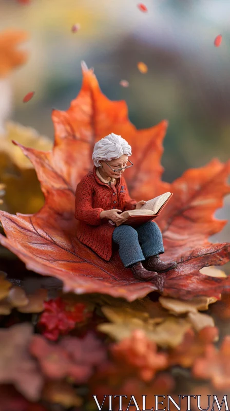 AI ART Woman Reading Book on Autumn Leaf