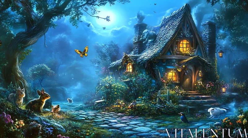 Moonlit Cottage Fairytale AI Image