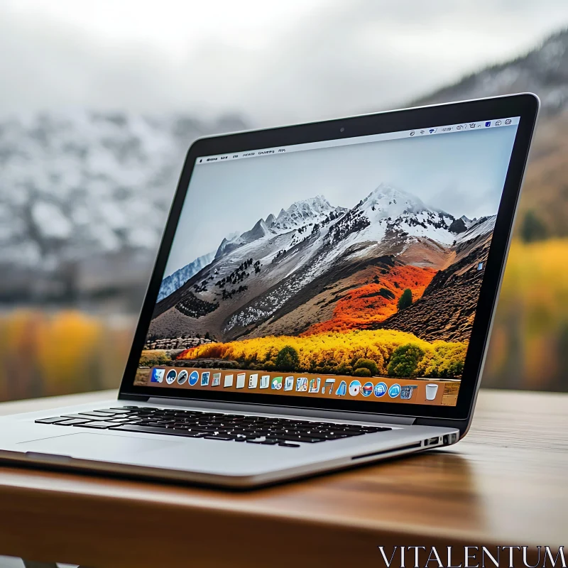 Modern Laptop on Desk with Mountainous Background AI Image