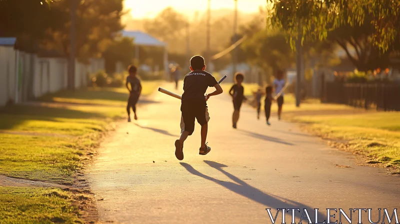 Children playing outdoor at sunset AI Image