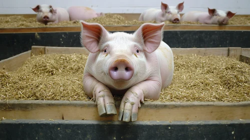 Pig Lying on Hay in Barn