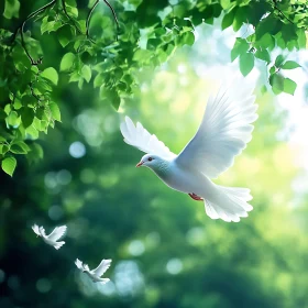 White Doves Soaring in Green Nature