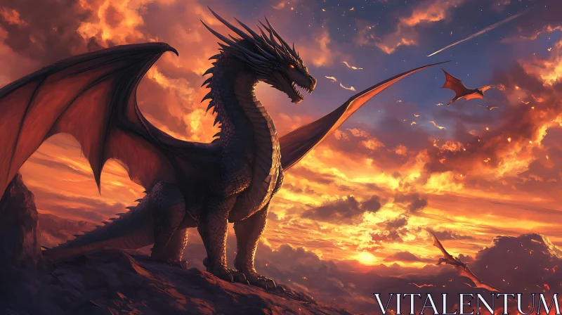 AI ART Sunset Dragon Perched on Mountain