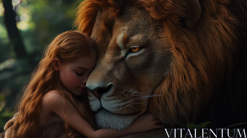 AI ART Gentle Embrace: Girl and Lion