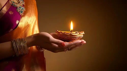 Woman Holding a Traditional Diwali Lamp