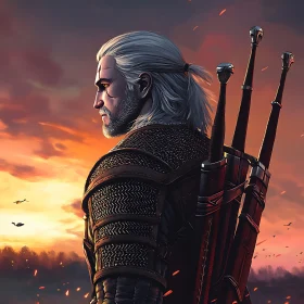 Warrior Silhouetted at Sunset with Swords