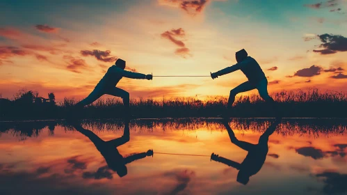 Silhouetted Fencers at Dusk