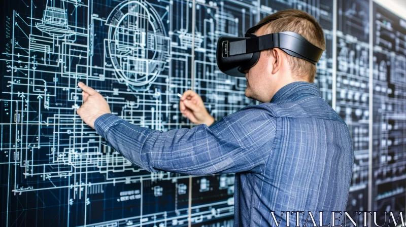 Immersive VR Experience: Engineer Examining Blueprints in Digital Office AI Image