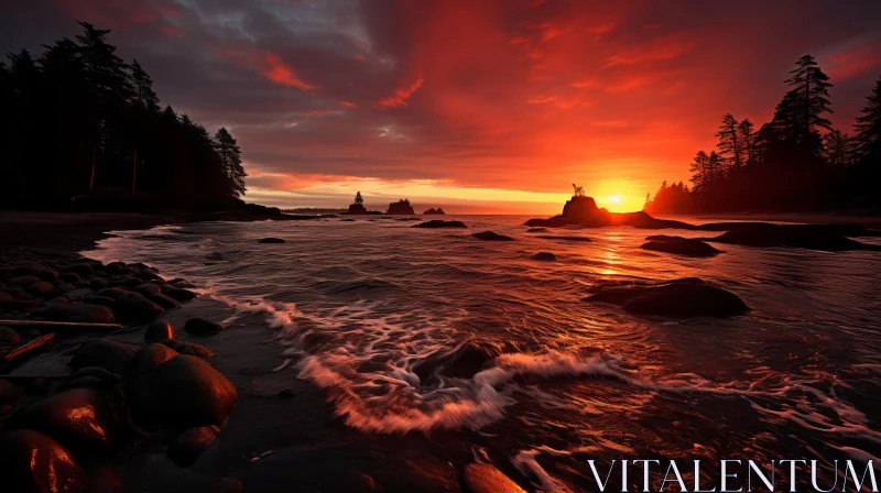Majestic Seascape Under a Red Sky - A Romantic Scene AI Image